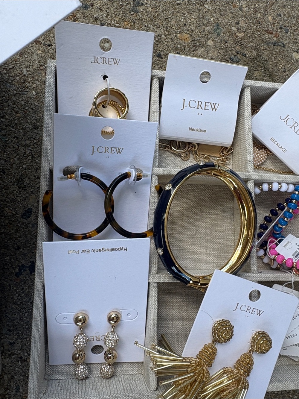 J. Crew Gold Tassel Earrings, Pearl Studs & Multicolor Beaded Bracelets Set - Picture 6 of 8